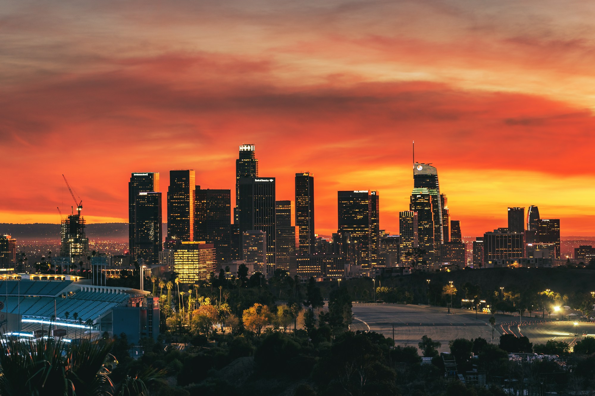 The illuminated downtown Los Angeles skyline at dusk